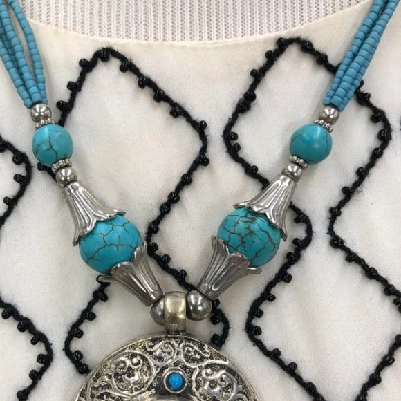 Antique Tribal Turquoise gemstone Necklace with beaded dori, Afghan Pendant - Picture 3 of 5